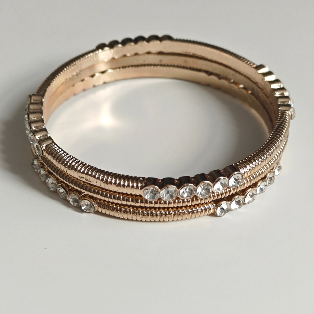 Gold Tone Rhinestone Stackable Bangle Bracelet Set 3 Piece Textured Scallop